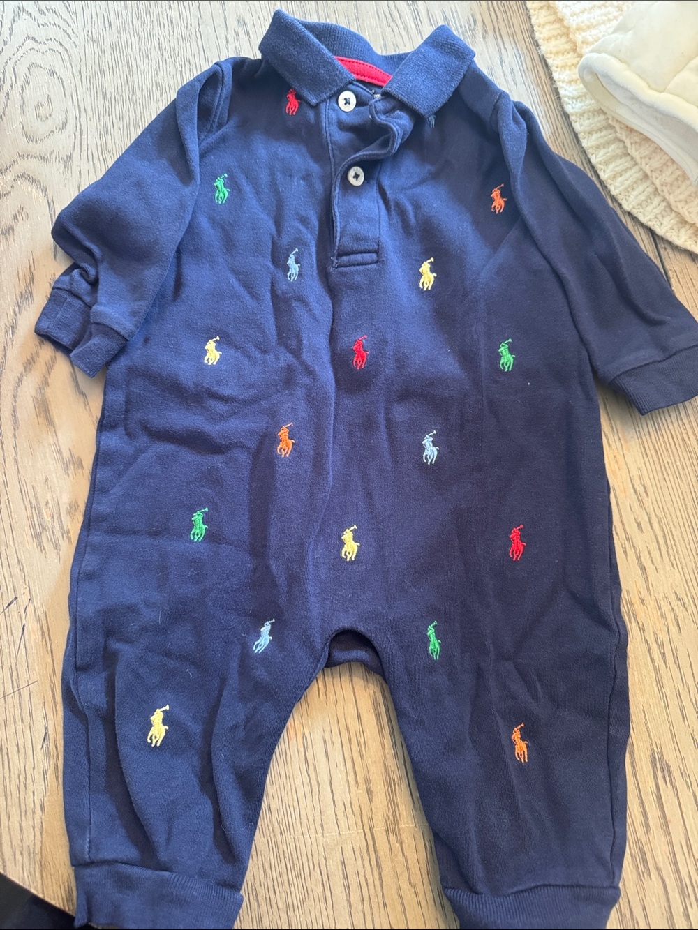 Ralph Lauren Navy Cotton Polo Footie with Multicolor Pony Embroidery